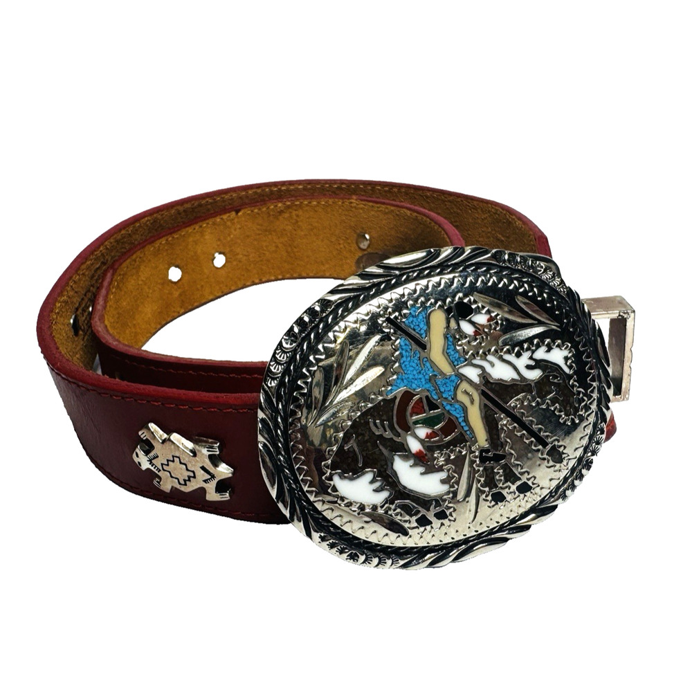 Vintage Silver Creek Red Leather Silver Animal Concho Western‎ Belt Size 30 USA